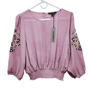 Womens Embroidered Sleeve Mauve Blouse With Smocked Hem By Haute Monde Size S